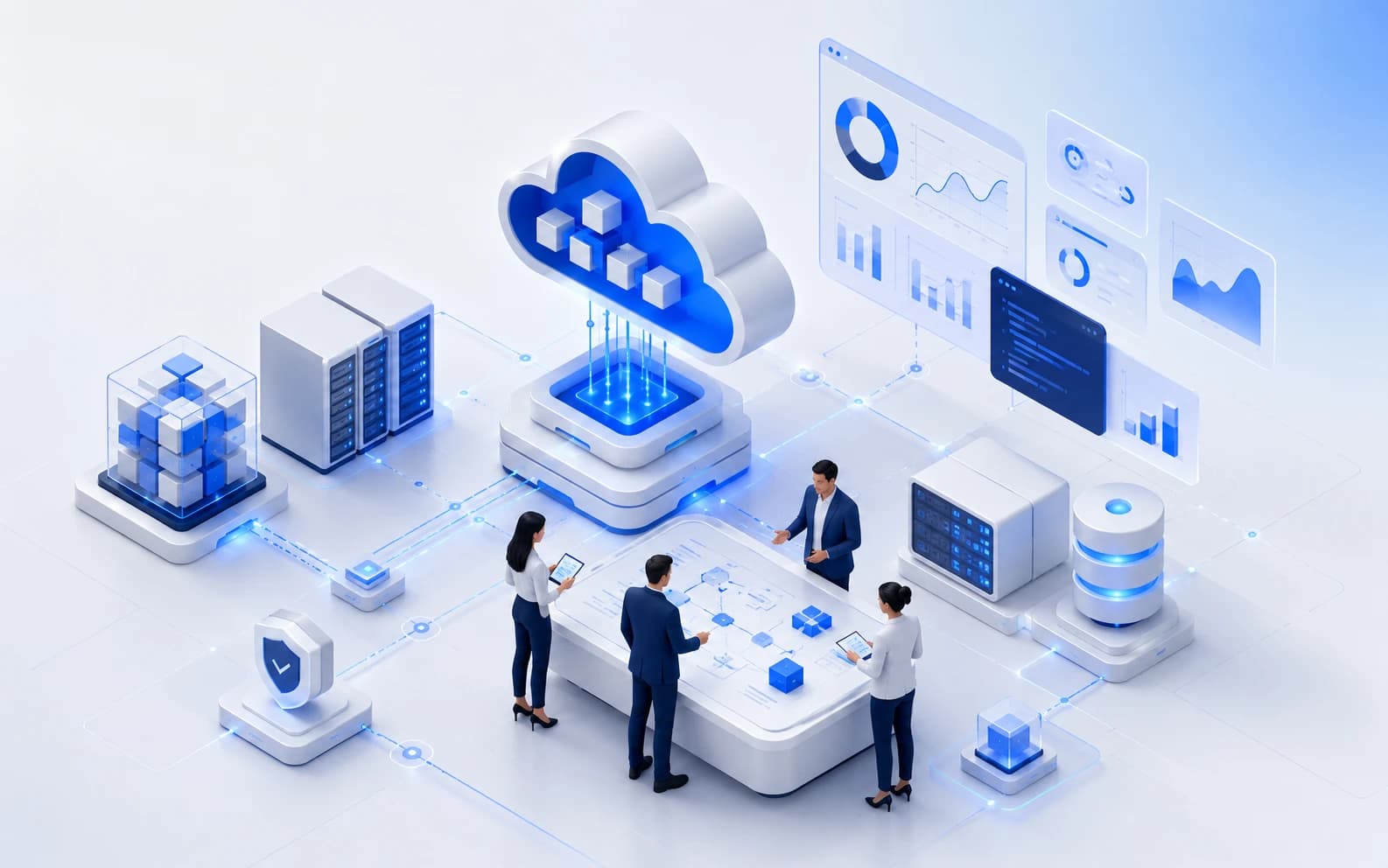 Illustration of cloud infrastructure, software dashboards, and connected enterprise technology systems.