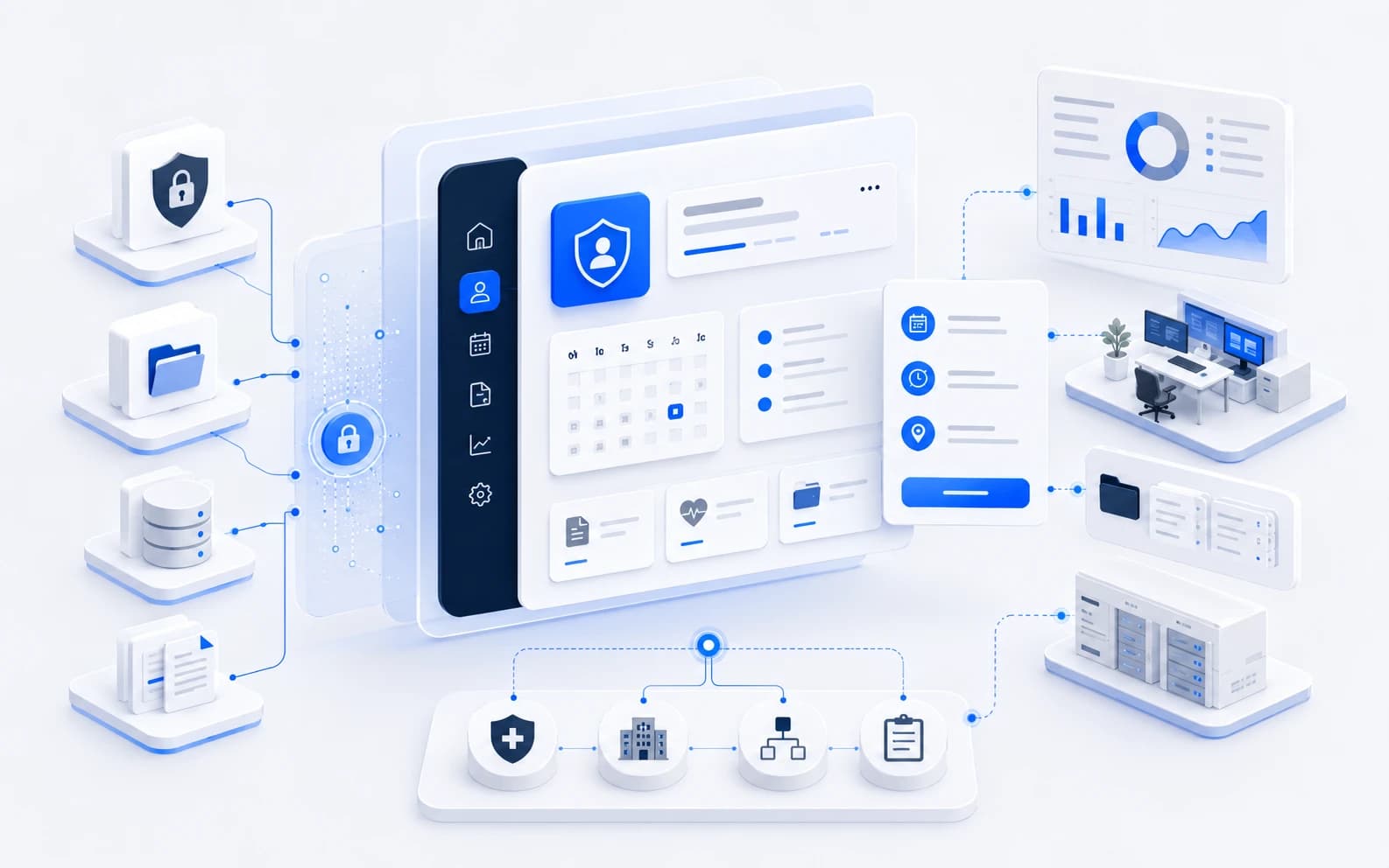 Illustration representing technology solutions for Healthcare.