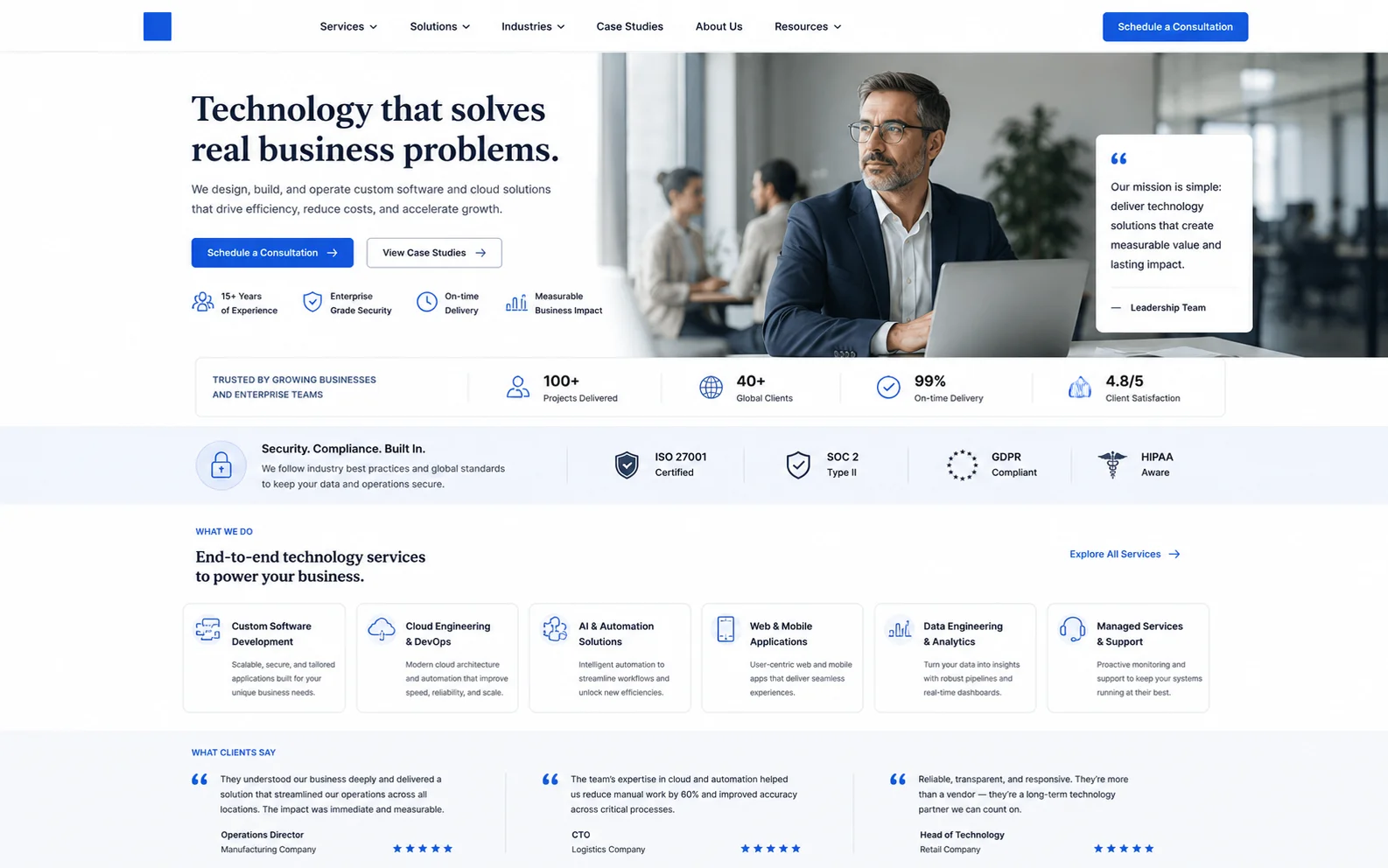 Modern corporate website homepage preview with clean sections and trust-focused design.