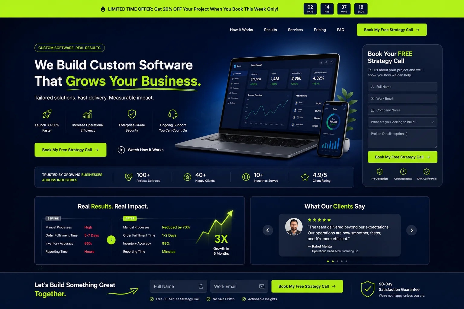 Campaign landing page preview with bold hero message, lead form, and conversion tracking-focused structure.