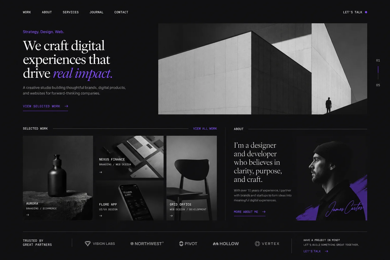 Portfolio website preview with project highlights, testimonials, and personal brand-focused visual style.