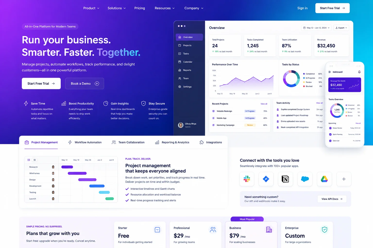 SaaS marketing website preview with product screenshots, feature blocks, and onboarding-oriented design.